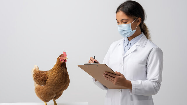 Professional veterinarian checking female chicken, wearing protective mask, documenting health assessment on clipboard during medical examination
