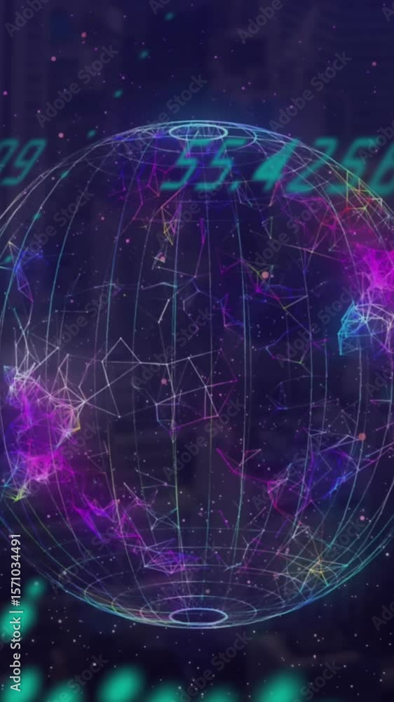 Poster animation of graph, changing numbers and globes over abstract background