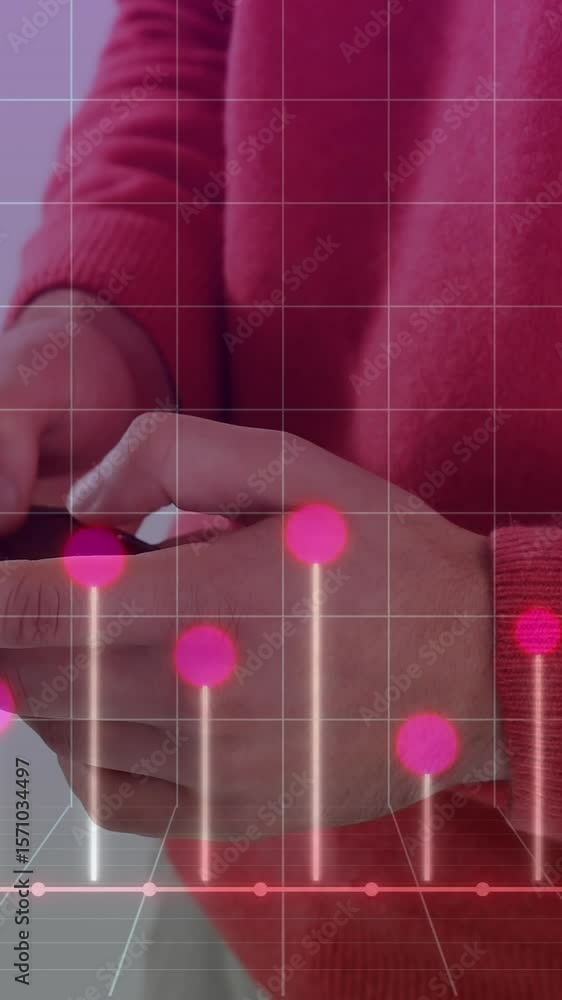 Poster animation of graph on grid pattern over midsection of man standing and using cellphone