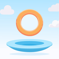 A whimsical sky scene features an orange torus floating above a blue platform, accented by puffy white clouds in a serene cartoon design.