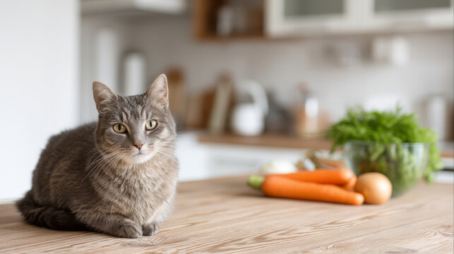 Fluffy gray cat resting near glass bowl with fresh vegetables on rustic wooden kitchen surface, soft background blurring kitchen elements