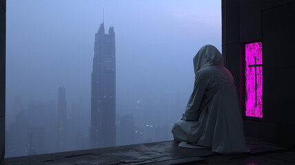Hooded figure sits by neon-lit window, overlooking misty futuristic cityscape with tall skyscrapers in early dawn light.