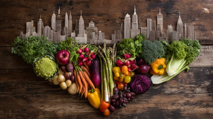 Colorful fresh vegetables and fruits arranged on wood, forming a city skyline, symbolizing urban healthy eating.