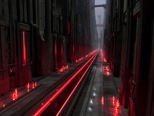 Futuristic city street with glowing red neon lights, tall dark buildings, and a mysterious high tech atmosphere.