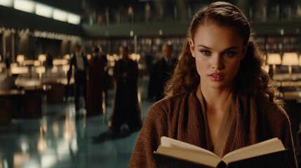 Young woman reading a book in a modern library, focused expression, warm lighting, people blurred in background.