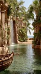 Ancient boat sails through tropical canyon with lush greenery, waterfalls, stone ruins, and clear turquoise water.