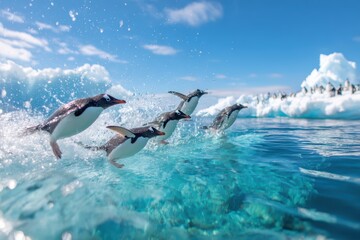 Fototapeta premium penguins diving into icy blue sea from iceberg