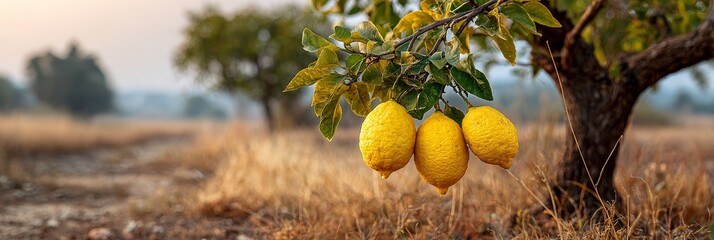Banner with ripe lemons on a dry field tree branch in golden summer orchard atmosphere