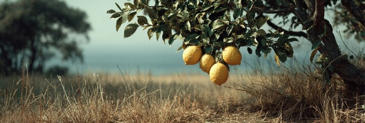 Cluster of ripe lemons on Mediterranean coast orchard during early morning light, banner.