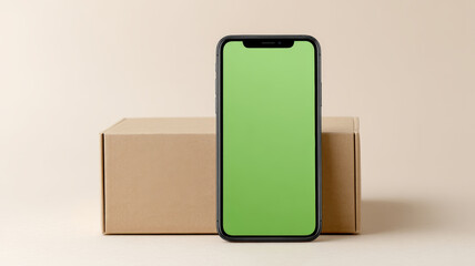 Green screen smartphone tilting against minimalist cardboard surface, displaying blank digital interface on neutral backdrop