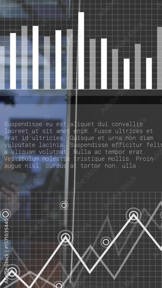 Poster animation of data processing over caucasian woman using tablet while working late at office