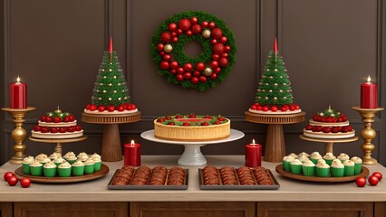 Naklejka premium Festive christmas dessert table with cakes cupcakes and festive decorations