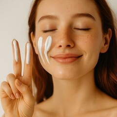 Smiling young woman holding up two fingers with sunscreen stripes showing application method
