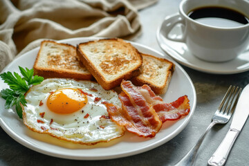 Homemade American breakfast. Fried eggs with bacon and toast, a cup of coffee, a knife and knife on a white table. Healthy breakfast. The concept of healthy eating