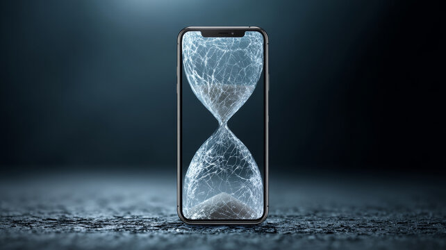 Cracked phone display revealing hourglass, sand trickling down, representing temporal pressure against shadowy backdrop