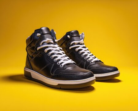 Pair of black leather high-top sneakers with white laces and a white sole, angled slightly, set against a vibrant yellow background