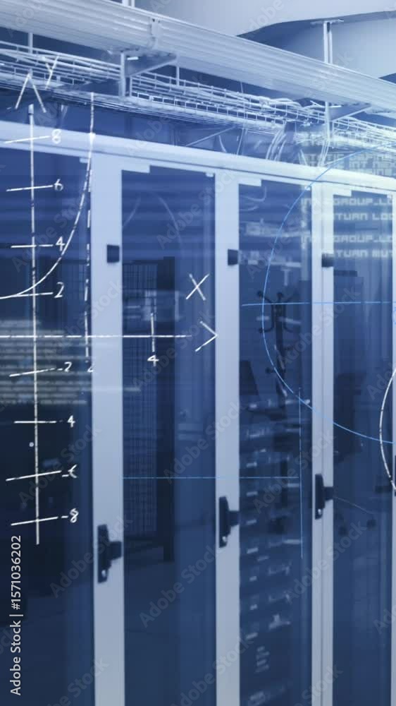 Poster animation of mathematical equations floating against computer server room