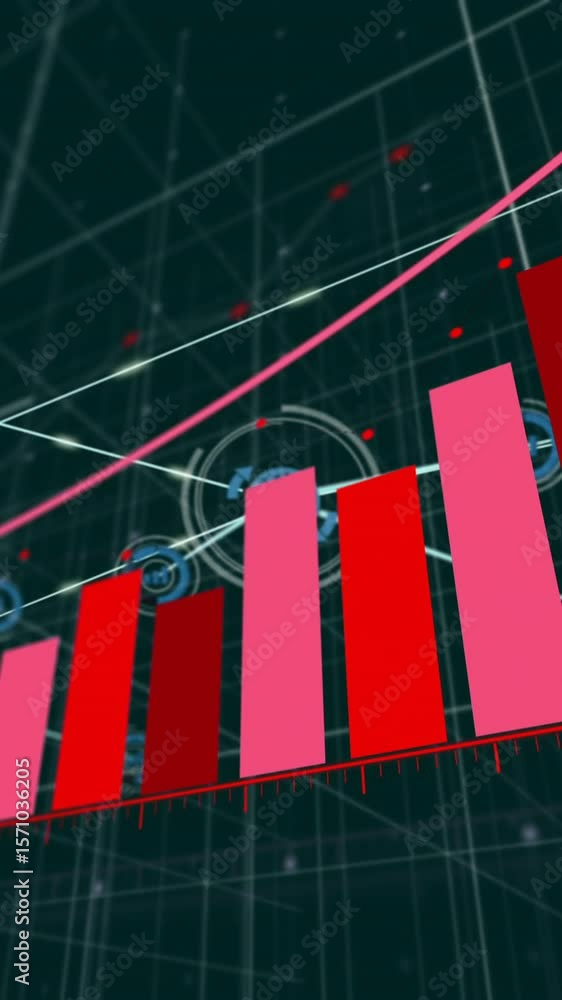 Poster rising bar chart and upward arrow animation over digital grid background