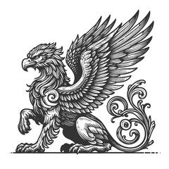 Obraz premium regal griffin with eagle wings and lion body, posed in a classic heraldic style with intricate detailing sketch engraving generative ai vector illustration. Scratch board. Black and white image.