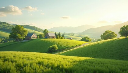Lush green hills and farmhouses under a vibrant sky.