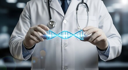 With hands poised around a vibrant, blue illuminated DNA strand, a doctor represents the innovative spirit of biotechnology, the intricacies of human genetics, and the pursuit of new frontiers in medi