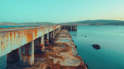 Obraz premium Rusting pier extends into tranquil bay