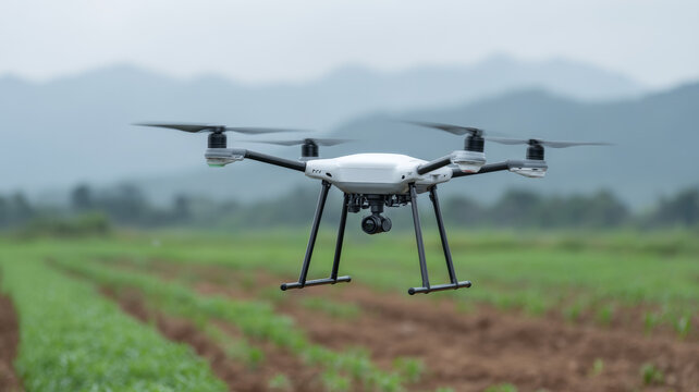 Smart agriculture drone flying above farm during irrigation planning, using a cloud based system for data analysis - Powered by Adobe