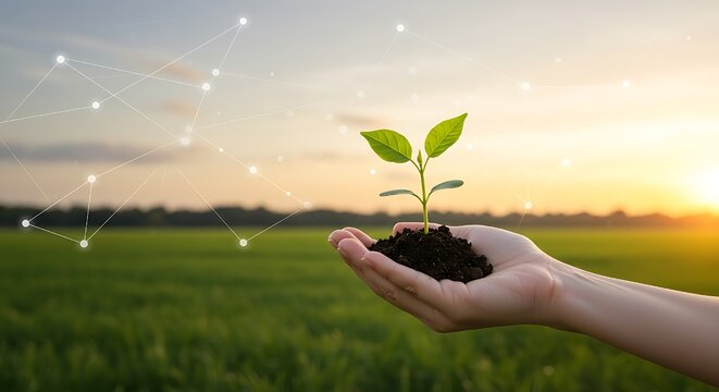 With a focus on growth and connectivity, a hand gently supports a burgeoning plant, overlaid with a network of light, conveying themes of sustainable development, the power of collaboration, and the p