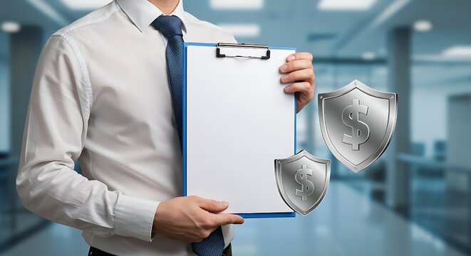 With a focus on trust and reliability, a business person presents a blank document on a clipboard, while metallic shields representing monetary safeguarding hover nearby, conveying concepts of insuran