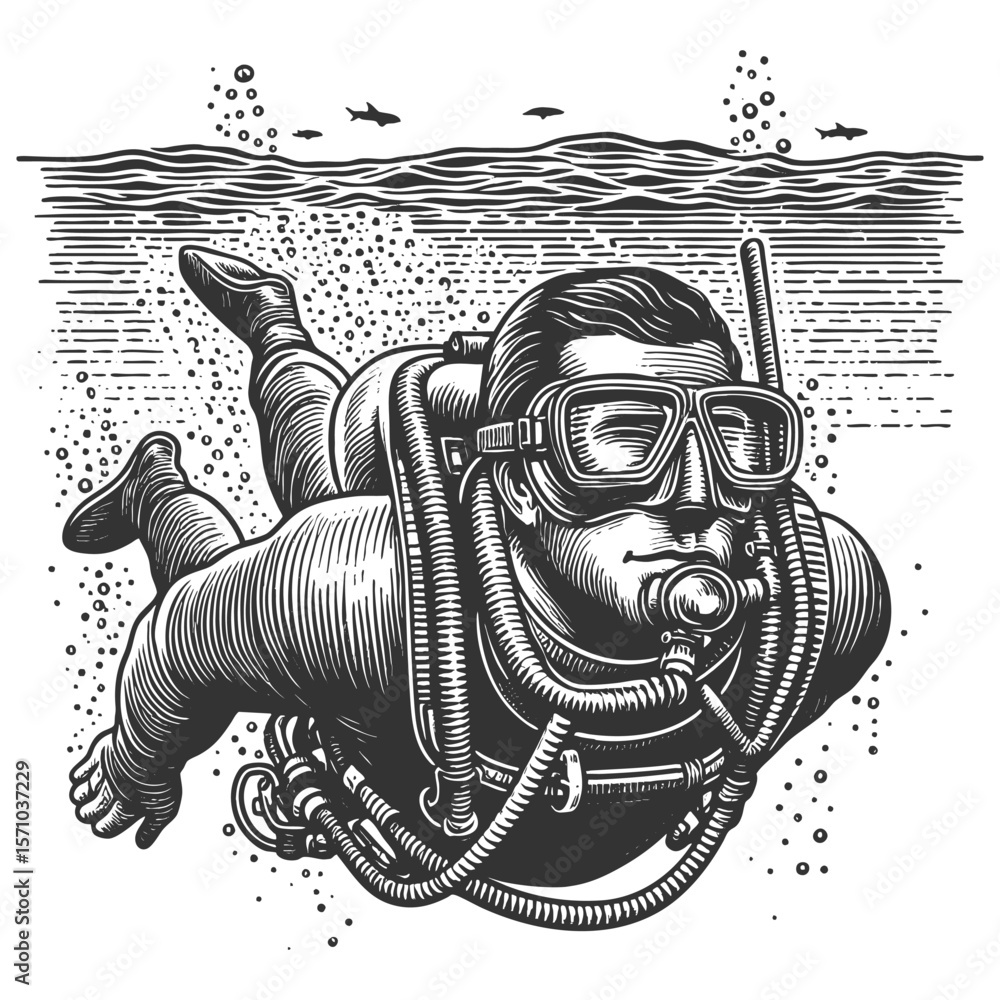 Poster scuba diver exploring underwater sketch engraving generative ai fictional character vector illustrat