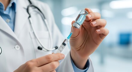 This close-up shot of hands meticulously handling a vaccine vial and syringe embodies the dedication of healthcare workers, the science behind new treatments, and the future design of medical interven