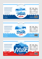 Set of milk labels. Milk packaging design templates, dairy product branding and identity
