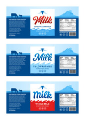 Set of vector milk horizontal labels. Milk packaging design templates, dairy product branding and identity