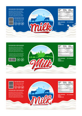 Set of vector milk horizontal labels. Milk packaging design templates. Dairy farm illustrations