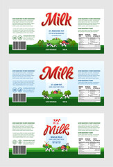 Milk labels with dairy farm and cows. Milk packaging design templates. Dairy farm illustrations