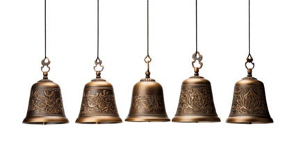 Five Antique Brass Bells Hanging:  Perfect for Holiday, Wedding, or Festive Design transparent background png