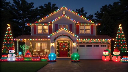 Suburban house beautifully decorated with colorful christmas lights and inflatable figures at dusk