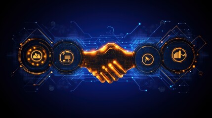 Digital Handshake Symbolizing Partnership and Collaboration in Technology with Futuristic Design and Graphics