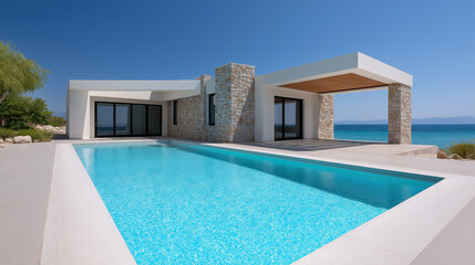 modern minimalist house by the sea with a swimming pool