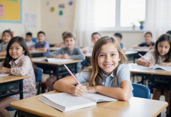 Happy elementary school student smiles at the camera while writing in her notebook, sitting at her desk in a bright and diverse classroom full of engaged children.

