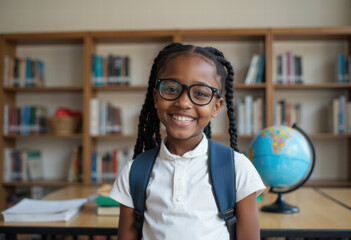 Portrait of a happy African American elementary school girl with glasses and braids, smiling confidently in the library, ready for a new day of learning.

