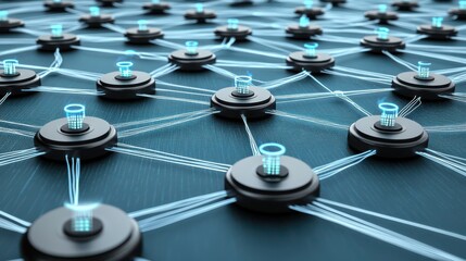 Futuristic Network Grid with Digital Nodes and Connection Lines in Blue Glow for Technology and Innovation Themes