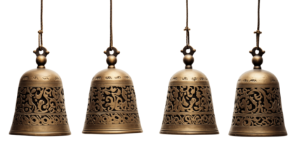 Four Antique Brass Bells: Intricate Detail & Hanging Design transparent background png