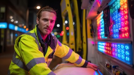 Paramedic providing emergency aid in ambulance with flashing lights