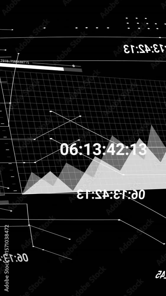 Poster animation of financial data processing and globe over black background