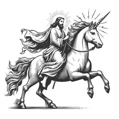 Jesus Christ with radiant halo riding a majestic unicorn sketch engraving generative ai fictional character vector illustration. Scratch board imitation. Black and white image.