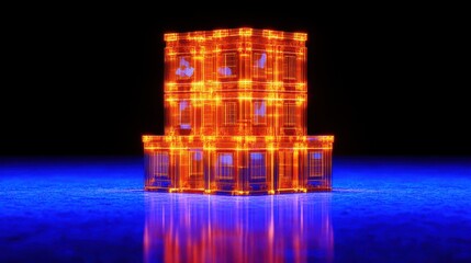 Futuristic Display of Neon-Cube Storage Structure with Bright Designs and Reflections on a Textured Surface