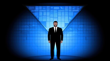 Professional Businessman Silhouette in Front of Digital Screen with Abstract Technology Background and Data Visualization Elements