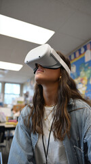 Student Engaged in Virtual Reality Learning in Classroom