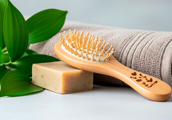 Natural soap and wooden brush on spa towel for wellness branding, personal care blog or organic product advertisement